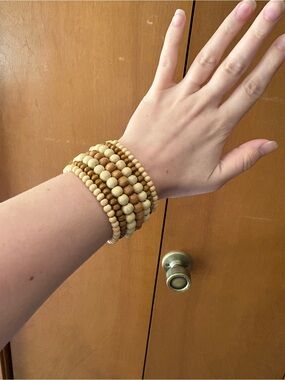 Natural Wood Bead Stretch Bracelet Stack - Cream & Tan